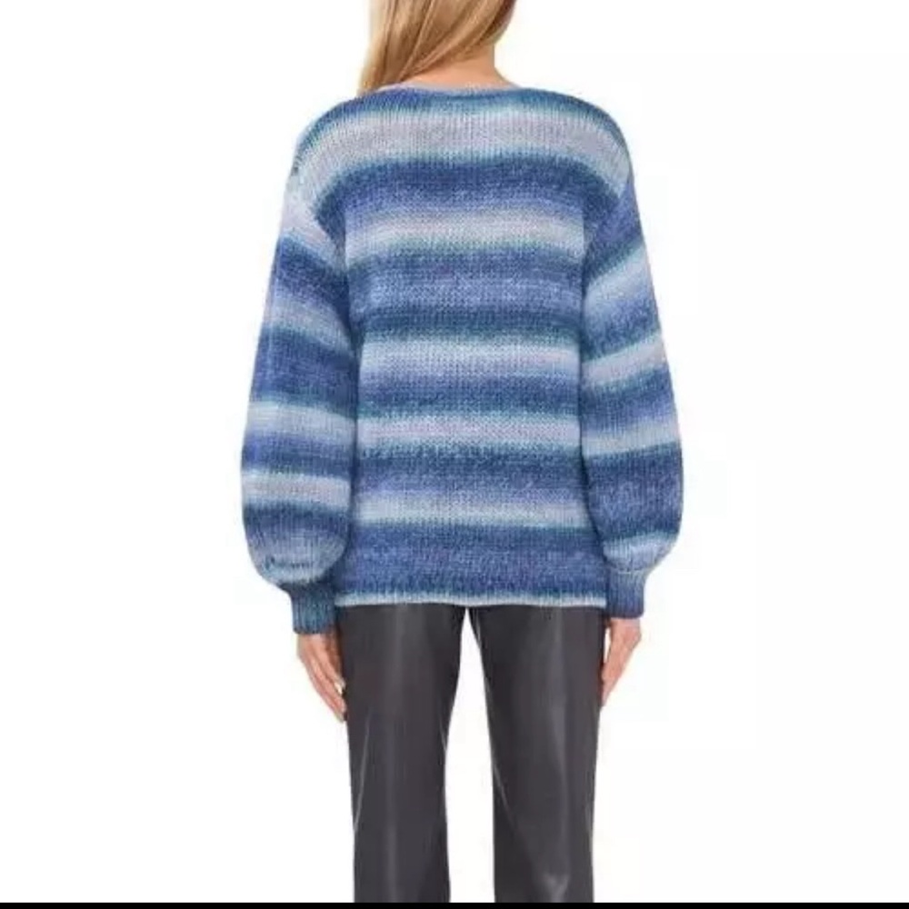 Halogen Knit Sweater Womens Small Striped Blue V Neck Long Sleeve Pullover Relax - Picture 2 of 8
